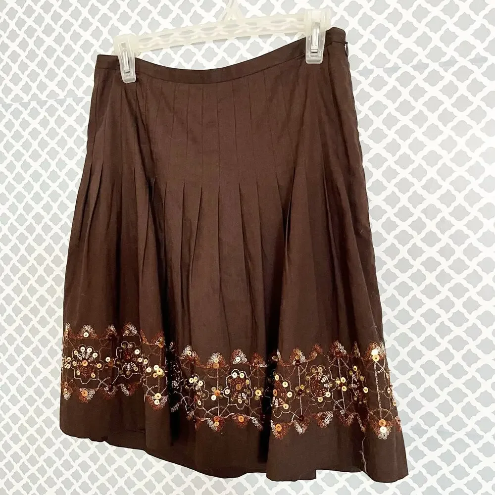 ANN TAYLOR LOFT Petite Brown Pleated Skirt With Sequin Hem, 4P